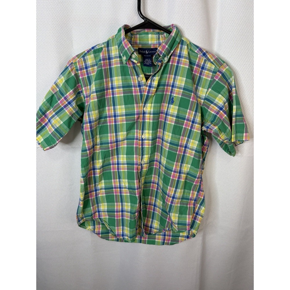 Polo Ralph Lauren Kids Green Yellow Plaid Button Up Short Sleeve Boys 12-14